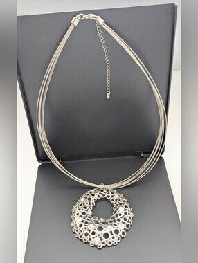 Silver-Tone Multi-Strand Filigree Necklace w/Circle Pendant & Sparkly Crystals